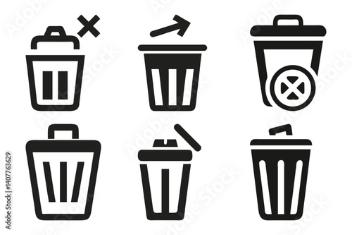 Trash Bin Icon Set Minimalist Disposal and File Management Symbols