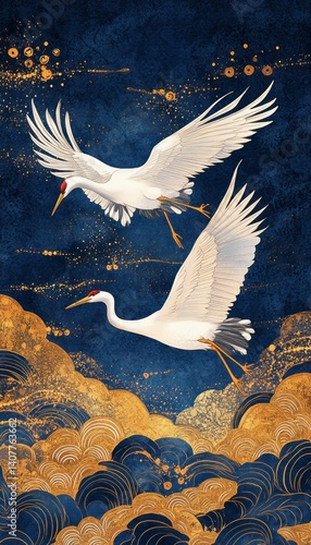Elegant cranes soaring amidst textured gold and blue, a symphony of nature's grace