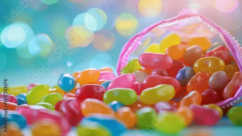 Colorful Jelly Beans Spilled from Pink Bag on Blue Background