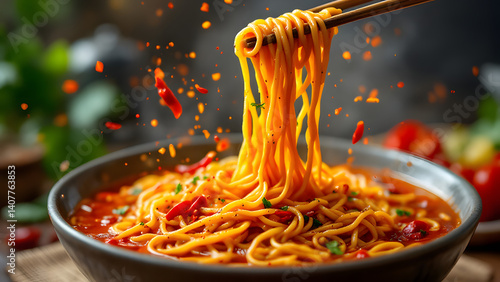 Delicious noodle dish with tomato sauce being lifted with chopsticks