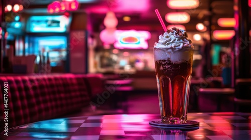 Delicious sundae glass with colorful ice cream and whipped cream on a table in a retro diner setting with neon lights glowing in the background, inviting ambiance