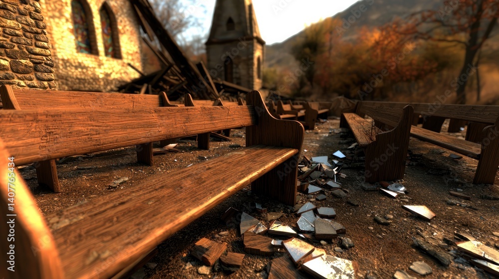 Damaged church pews, abandoned, autumnal landscape, aftermath Damaged church pews, abandoned, autumnal landscape, aftermath