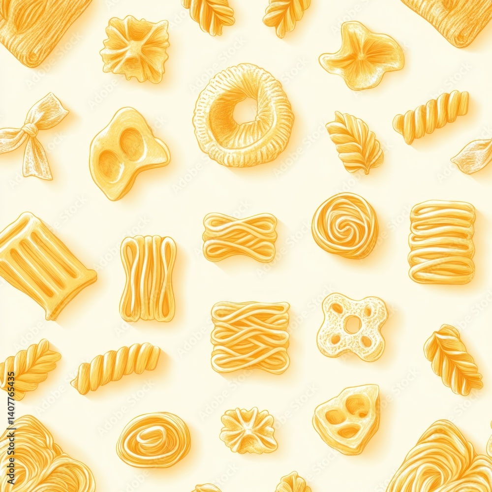 Seamless Pattern of Hand Drawn Italian Pasta Shapes Minimalist Design Soft Yellow Tones Outline Art Seamless Pattern of Hand Drawn Italian Pasta Shapes Minimalist Design Soft Yellow Tones Outline Art