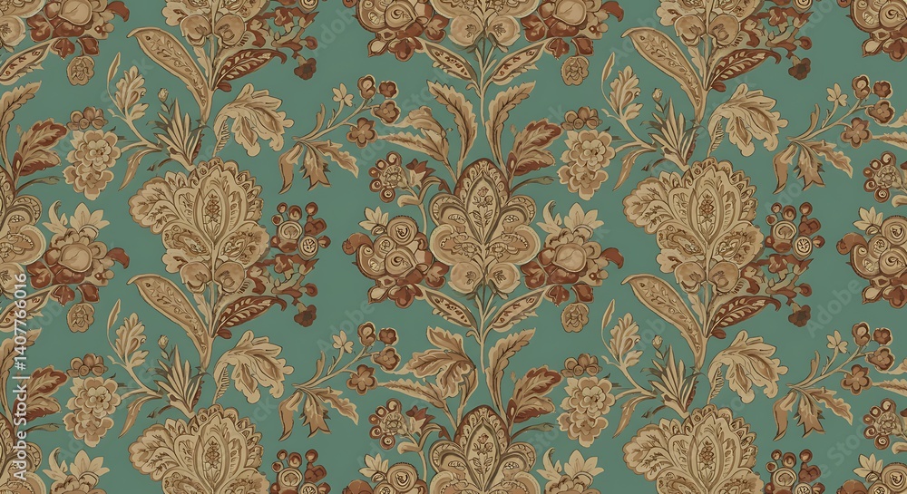 Fototapeta premium Teal & Gold Floral Damask Pattern: Elegant Textile Design AI Generated