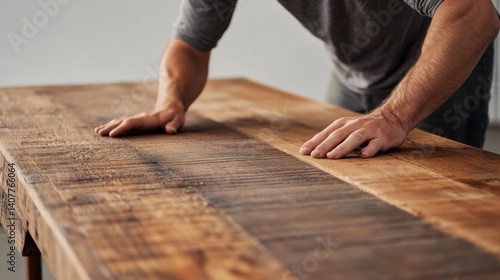 Carpenter assembling a custom dining table from reclaimed wood. Featuring sustainability and craftsmanship