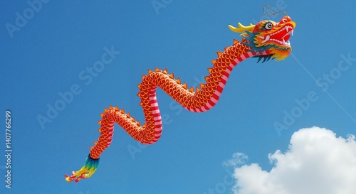 Colorful dragon kite soaring against a clear blue sky  