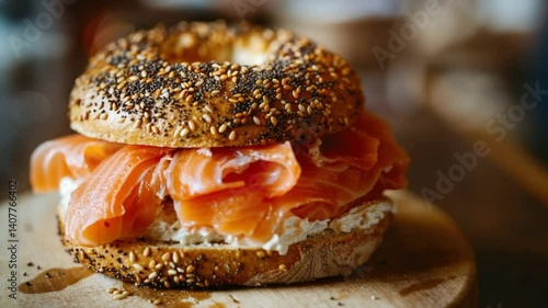 Close-Up of Smoked Salmon Bagel with Cream Cheese and Seeds