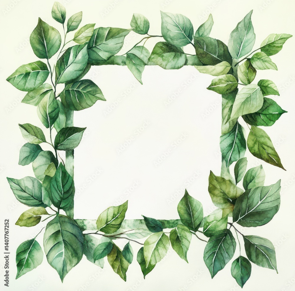 Fototapeta premium Green Leaf Frame Minimalist Watercolor Floral Illustration Nature Decoration
