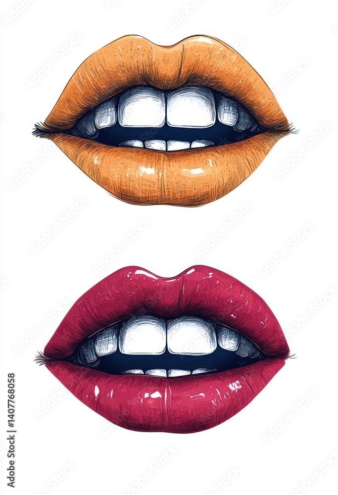 Fototapeta premium Lip Expressions Pop Art Illustration Bold Outlines Flat Colors Trendy Fun Retro Style Sweet Lips