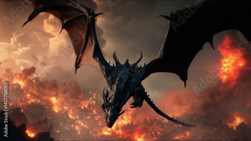 Black Dragon Soaring Over Fiery Landscape