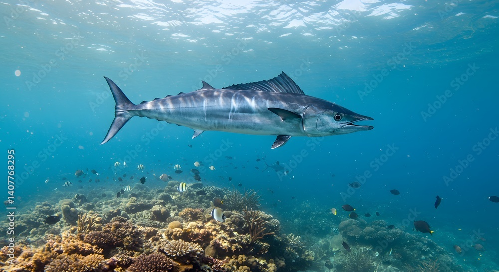 Fototapeta premium Majestic Wahoo Soaring Through Vibrant Coral Reef