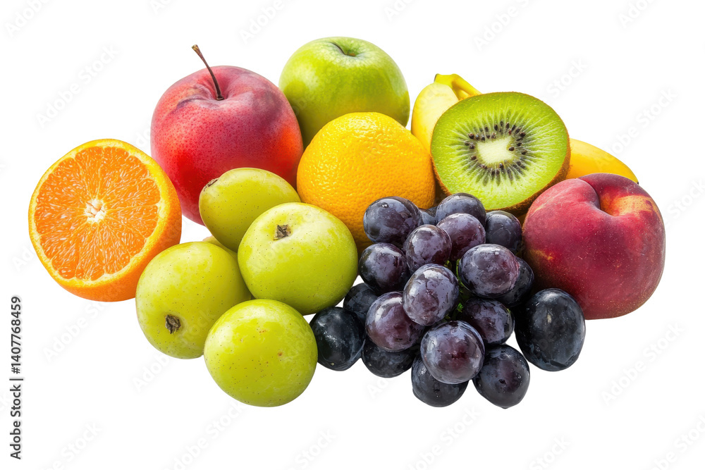Fresh Fruit Medley: A vibrant assortment of fresh fruits, including apples, oranges, kiwi, grapes, plums, and a mandarin orange, creates a colorful and healthy still life. Fresh Fruit Medley: A vibrant assortment of fresh fruits, including apples, oranges, kiwi, grapes, plums, and a mandarin orange, creates a colorful and healthy still life.