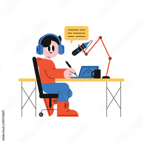 Person recording a podcast. Young man recording. Interviewing in studio.