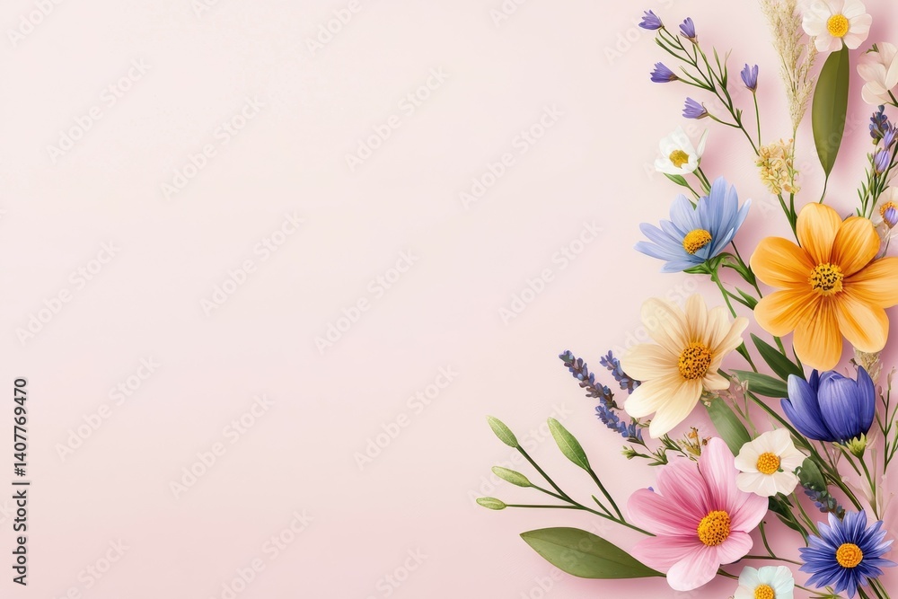 Naklejka premium A vibrant array of colorful flowers on a soft pastel background.