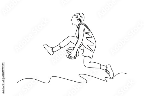 Single continuous line drawing female basketball player makes acrobatic slam dunk at national sport arena. Competitive game play on streetball court. One line draw graphic design vector illustration