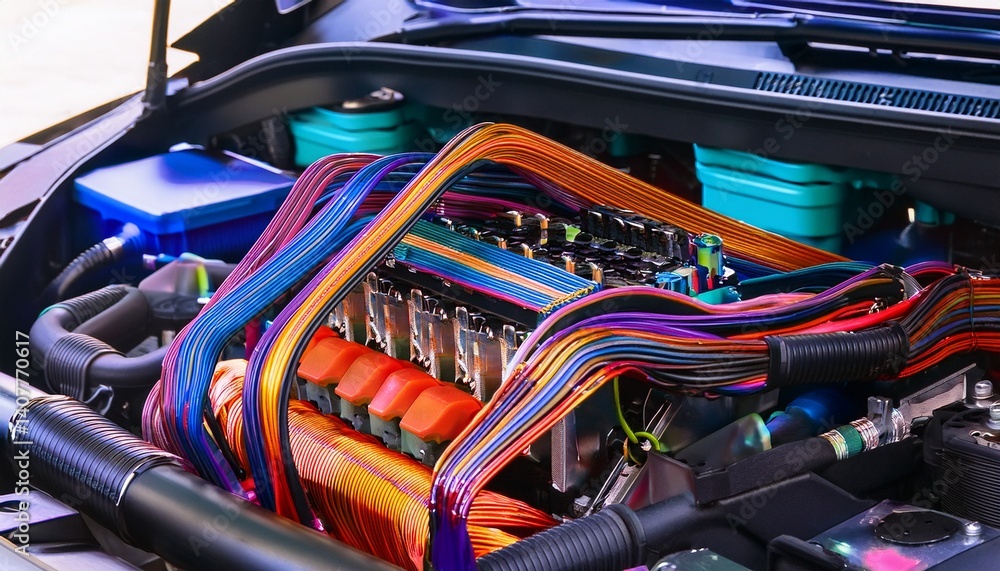 close up of a car wiring harness with vividly colored tubes and cables in a modern engine bay close up of a car wiring harness with vividly colored tubes and cables in a modern engine bay