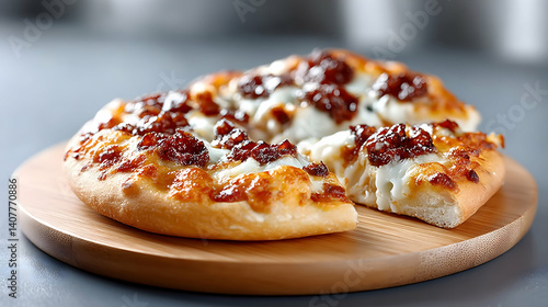 Wallpaper Mural Delicious thin crust pizza with melted cheese and savory topping, served on a wooden board Torontodigital.ca