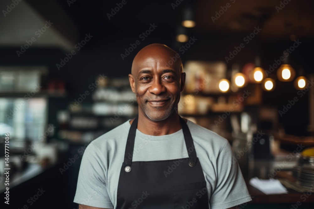 Smiling portrait of a middle aged African American small and local restaurant owner looking at camera Smiling portrait of a middle aged African American small and local restaurant owner looking at camera