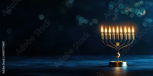 A beautifully lit menorah with nine candles glowing against a dark background. photo