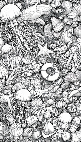 Wallpaper Mural Seaside Symphony: A Monochrome Composition of Marine Life and Beach Treasures Collection Torontodigital.ca