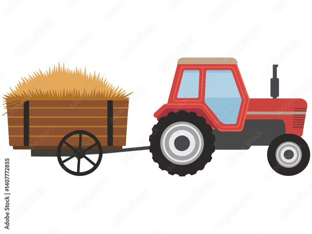Obraz premium red tractor wooden trailer straw isolated vector illustration on white background