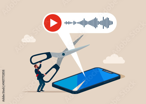 Do not disturb. Businessman uses scissors to cut out the voice message. Block unwanted messages, filter messages from unknown senders. Vector illustration.