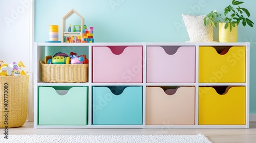 A vibrant kids playroom with a colorful toy storage unit, bright decor and fun vibes,