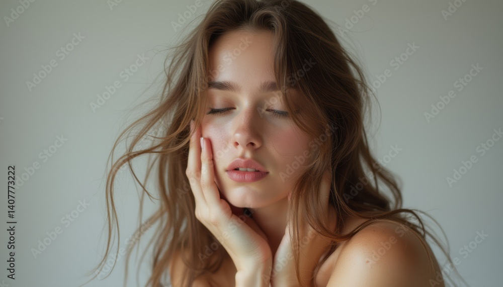 A captivating portrait of a serene young woman with soft, flowing hair, her eyes closed in a moment of tranquility. The delicate touch of her hand against her face evokes a sense of introspection and A captivating portrait of a serene young woman with soft, flowing hair, her eyes closed in a moment of tranquility. The delicate touch of her hand against her face evokes a sense of introspection and