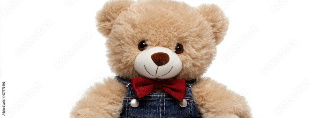 Obraz premium Cute brown teddy bear dressed in denim overalls with a red bow tie, perfect cuddle companion for children and a delightful addition to any nursery