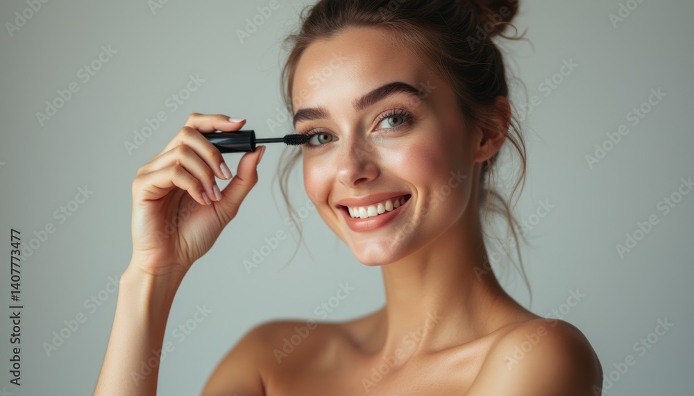 A beautiful young woman with glowing skin and a bright smile is applying mascara, exuding confidence and joy. Her natural beauty shines through as she enhances her eyes, embodying the essence of self A beautiful young woman with glowing skin and a bright smile is applying mascara, exuding confidence and joy. Her natural beauty shines through as she enhances her eyes, embodying the essence of self