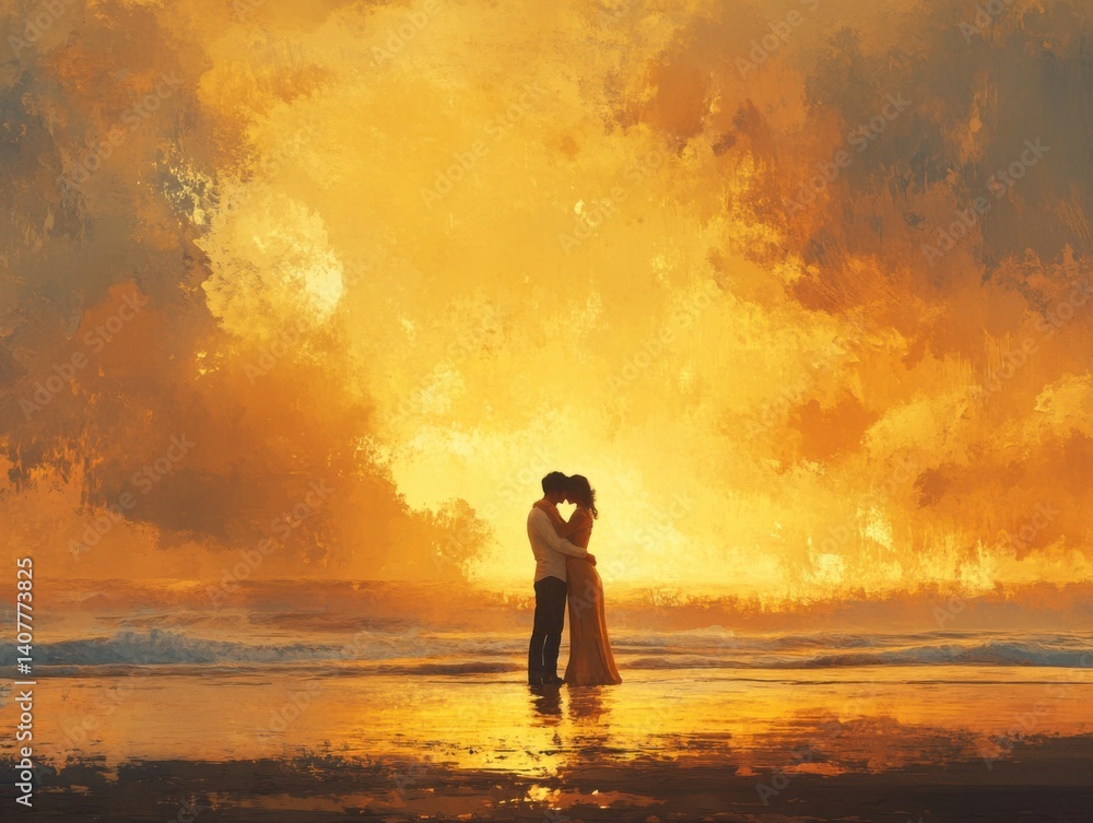 Fototapeta premium Couple embracing on peaceful beach during golden hour, glowing with warmth and serenity