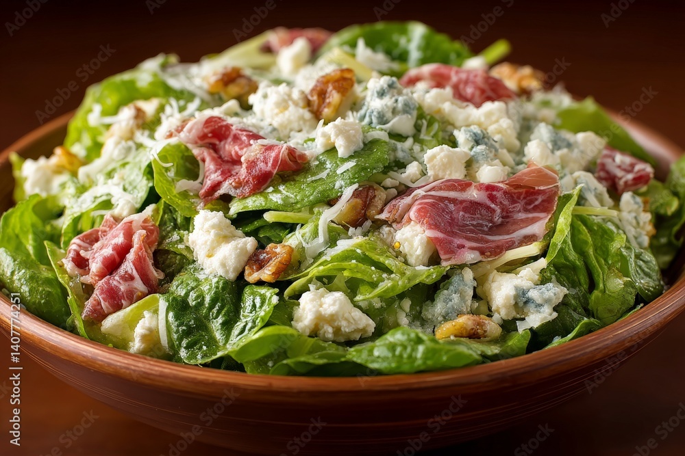 Fresh spinach salad with creamy dressing, nuts, and cured meat garnished in a wooden bowl Fresh spinach salad with creamy dressing, nuts, and cured meat garnished in a wooden bowl
