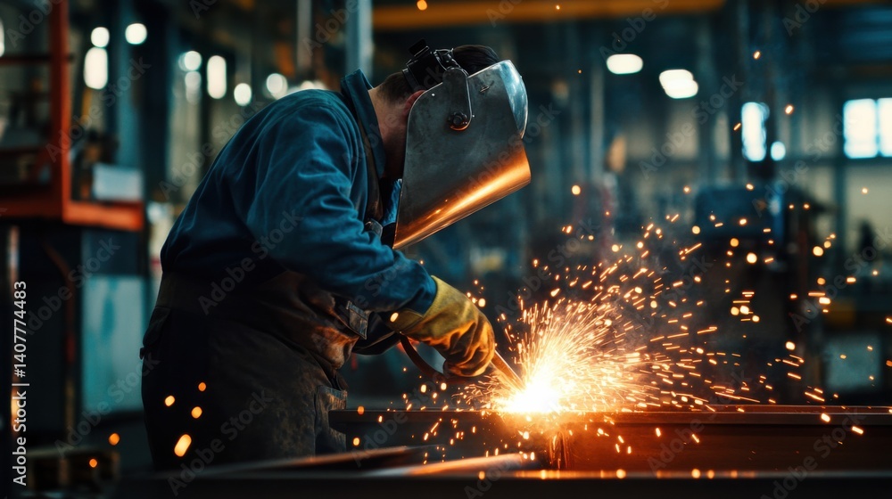 Welder welding metal pipes in a factory setting. Featuring focus and craftsmanship Welder welding metal pipes in a factory setting. Featuring focus and craftsmanship