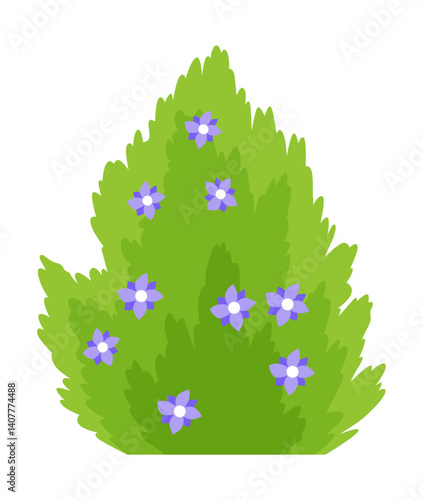 Bush with flowers icon. Cartoon forest and park shrubbery with floral elements. Landscape scene create element. Vector cartoon illustration