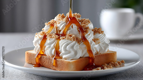 Sweet toast topped with whipped cream, crumble, and syrup