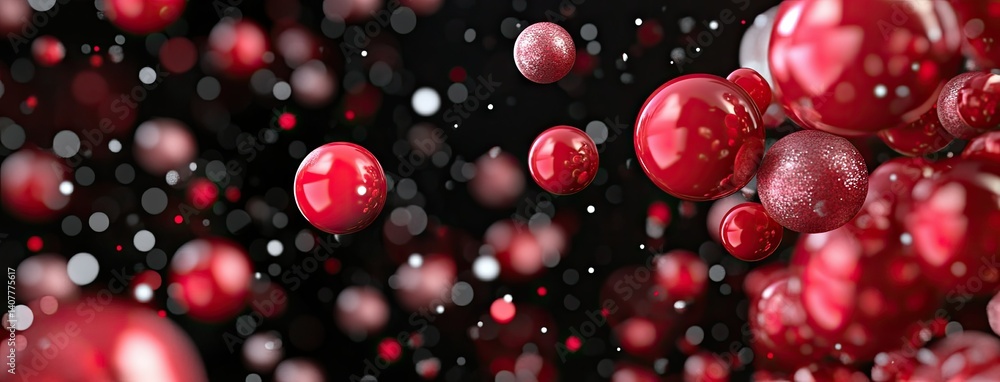 Colorful red spheres floating in a dark background create a festive and joyful atmosphere perfect for holiday celebrations