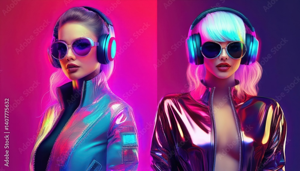 Two Vibrant Fashion Icons in Synthwave Style Two Chic Women Striking Pose Amidst Neon Lights and Retro Electronics, Influencing the Future of Aesthetics. Two Vibrant Fashion Icons in Synthwave Style Two Chic Women Striking Pose Amidst Neon Lights and Retro Electronics, Influencing the Future of Aesthetics.