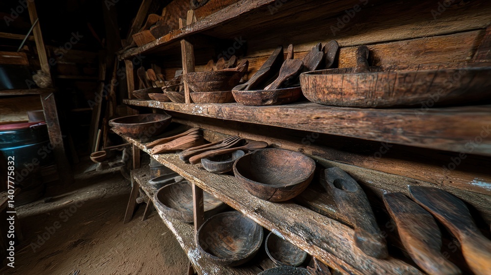 Rustic wooden kitchenware on shelves in an old shed Rustic wooden kitchenware on shelves in an old shed
