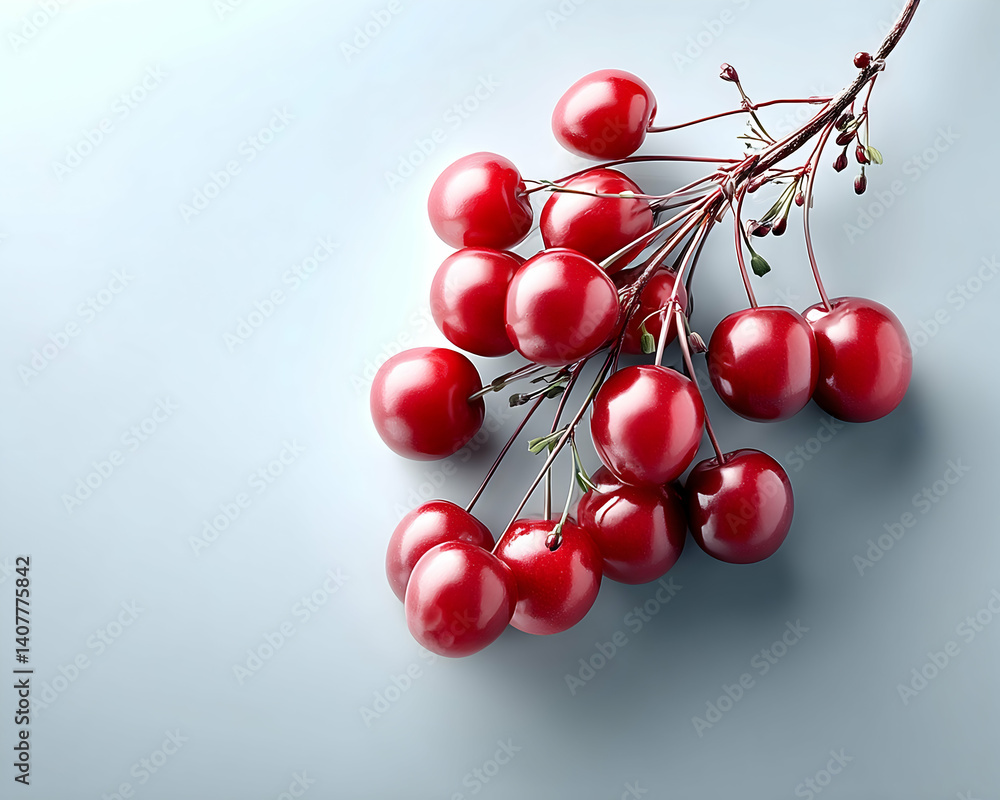 Vibrant red cherries on a branch against a light gray background Vibrant red cherries on a branch against a light gray background