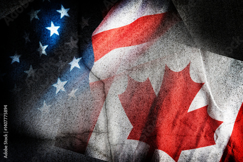 U.S.A. and Canada national flag on old and cracked background.