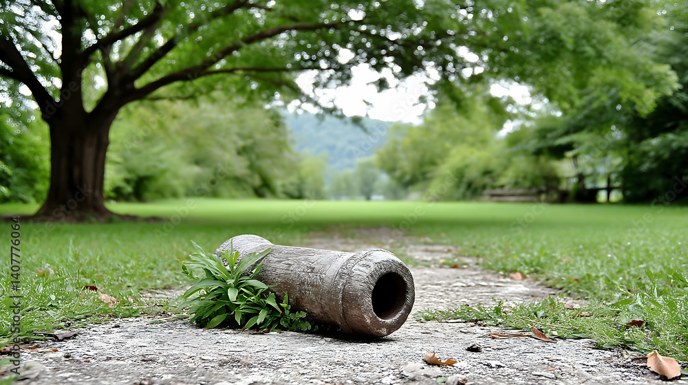 Weathered cannon rests on grassy path, nestled under a tree, with a tranquil landscape in the background Weathered cannon rests on grassy path, nestled under a tree, with a tranquil landscape in the background
