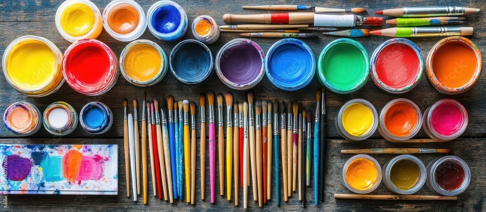Colorful paints and brushes on wooden surface