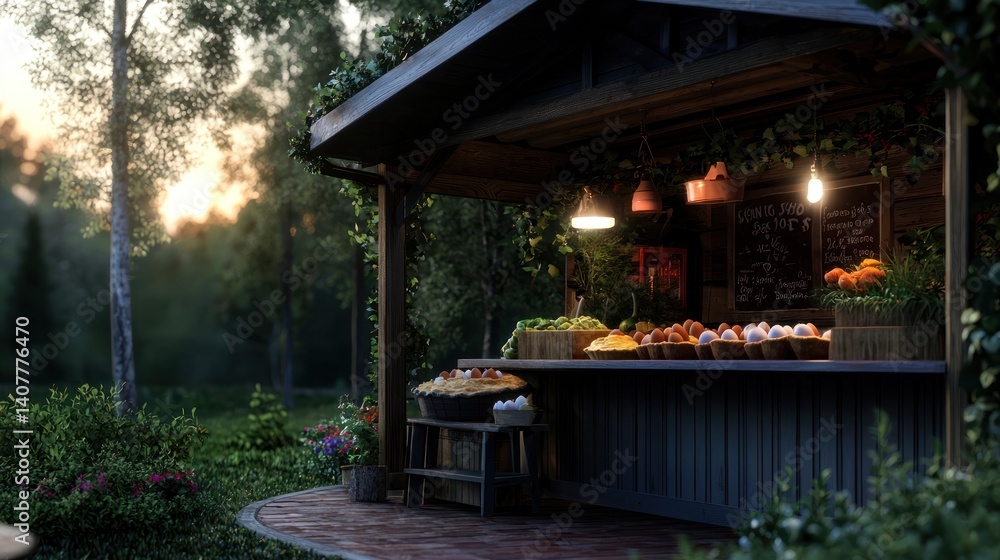 Obraz premium Rustic outdoor market stall at sunset in park