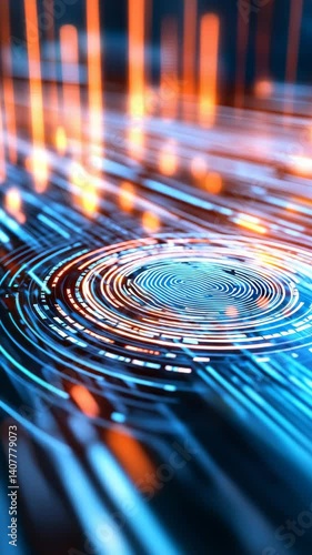 Animated futuristic fingerprint scan glowing on a high-tech digital interface with neon lights and biometric elements. Ideal for cyberpunk, security, or tech themes