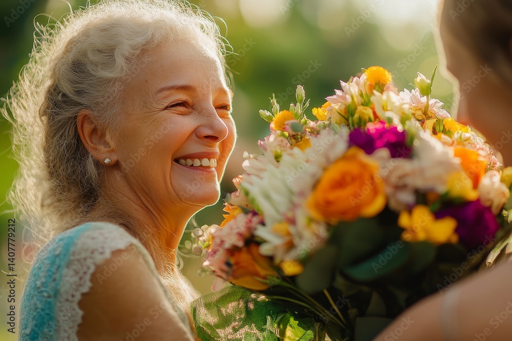 A joyful elderly woman smiles warmly as she receives a bouquet of fresh flowers. Her happiness radiates in this colorful portrait. Perfect for celebrating life and love. AI