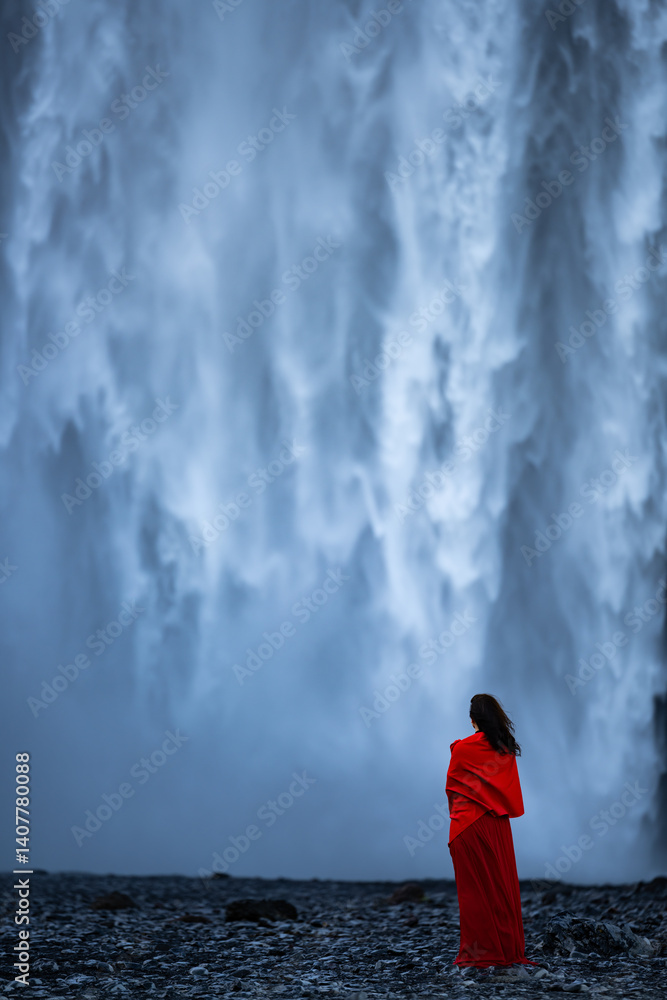 A woman in a red dress stands before the powerful Skógafoss waterfall in Iceland, her figure contrasting sharply against the mist and roaring cascade.