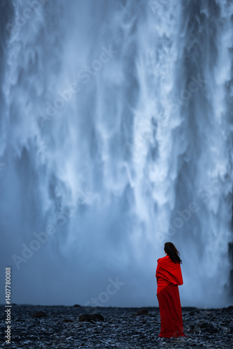 Obraz na płótnie A woman in a red dress stands before the powerful Skógafoss waterfall in Iceland, her figure contrasting sharply against the mist and roaring cascade. w salonie