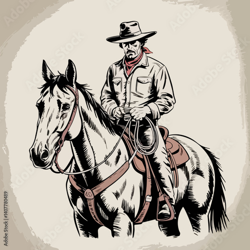 Vintage Western Cowboy on Horseback – Classic Rodeo Sketch with Lasso and Hat in Rustic Style