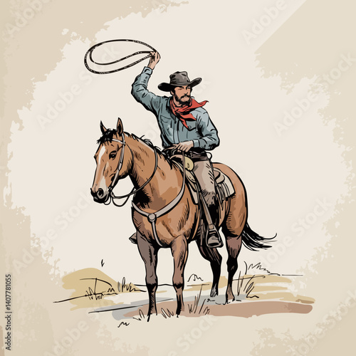 Vintage Western Cowboy on Horseback – Classic Rodeo Sketch with Lasso and Hat in Rustic Style