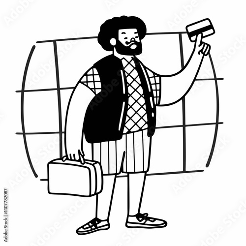 Line Art Afro american customer man holding credit card pointing with finger standing over isolated white background